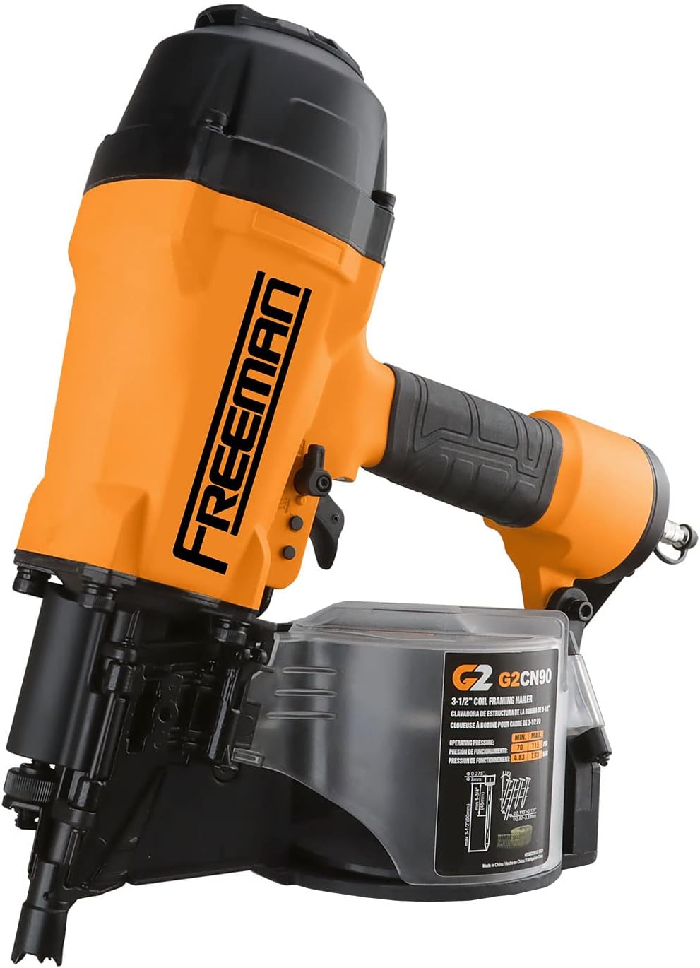 Freeman 2nd Generation Pneumatic 15° 3-1/2' Coil Framing Nailer | G2CN90 | Framing, Truss Construction, Sheathing, Subfloors, Decks, Roof Decking, Siding, Wood Fencing, Crate and Pallet Assembly
