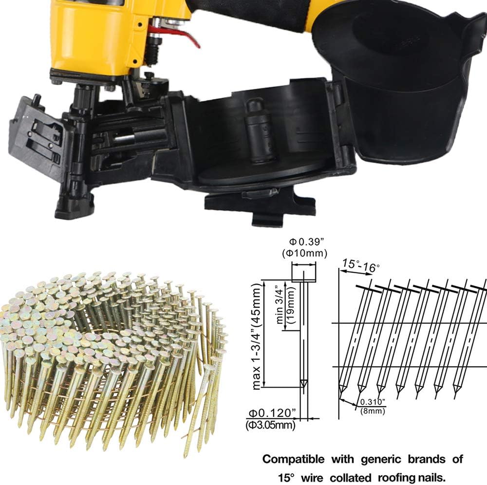 CN45N Roofing Nailer, 15 Degree Roofing Nail Gun, 3/4-Inch to 1-3/4-Inch Coil Nails, 120-pcs Load Capacity Coil Nailer in Orange