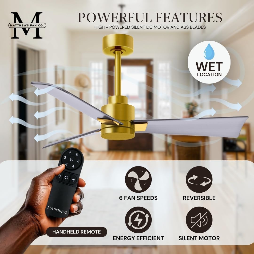 Matthews AK-BRBR-BN-42 Alessandra Wet Rated 42' Outdoor Ceiling Fan without Light, Remote Included, Silent DC Motor, Brushed Brass with Brushed Nickel