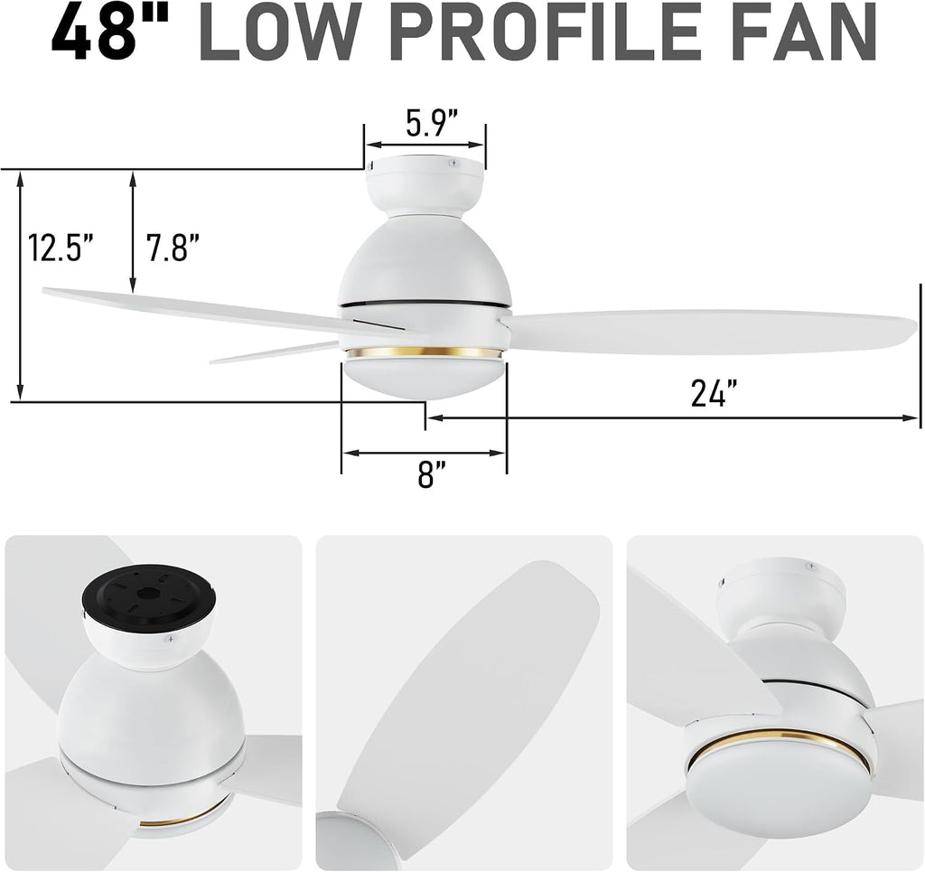 CEME 48' Ceiling Fan with Light Flush Mount, DC 10 Speeds Outdoor Ceiling Fan with Remote, 3 Light Colors Dimmable LED， Compatible with Alexa, Siri & Google Home, White