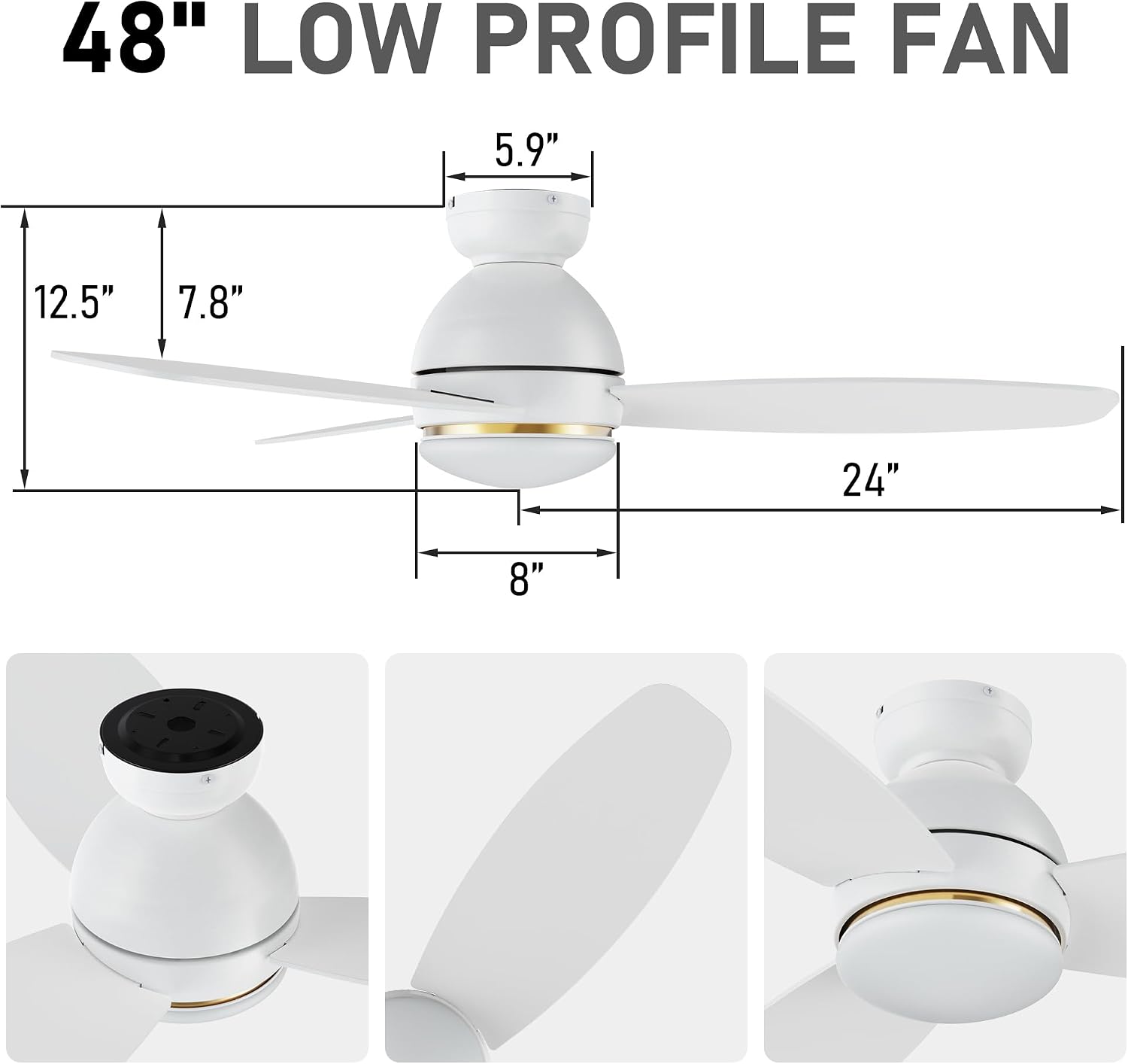 CEME 48' Ceiling Fan with Light Flush Mount, DC 10 Speeds Outdoor Ceiling Fan with Remote, 3 Light Colors Dimmable LED， Compatible with Alexa, Siri & Google Home, White