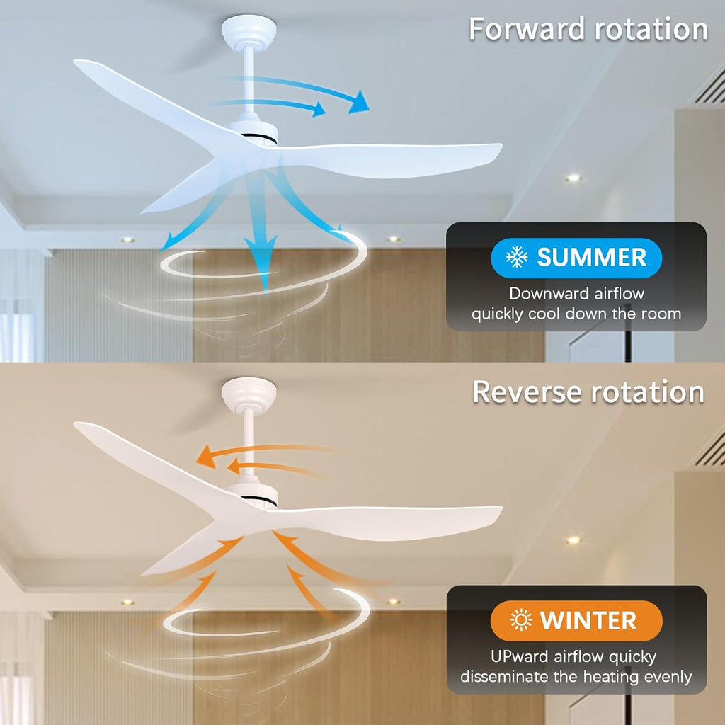 Ceiling Fans without Light,52 Inch Ceiling Fan with Remote Control,3 Reversible Blade,White Ceiling Fan for Bedroom, Living Room,Hallway