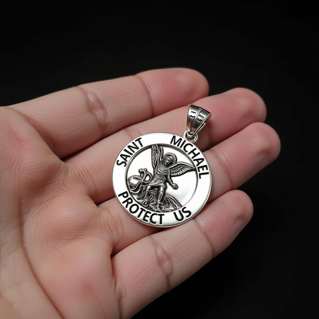 US Jewels Men's 925 Sterling silver 33mm Saint Michael Medal Antique Finish Round Pendant Necklace, 22in to 26in