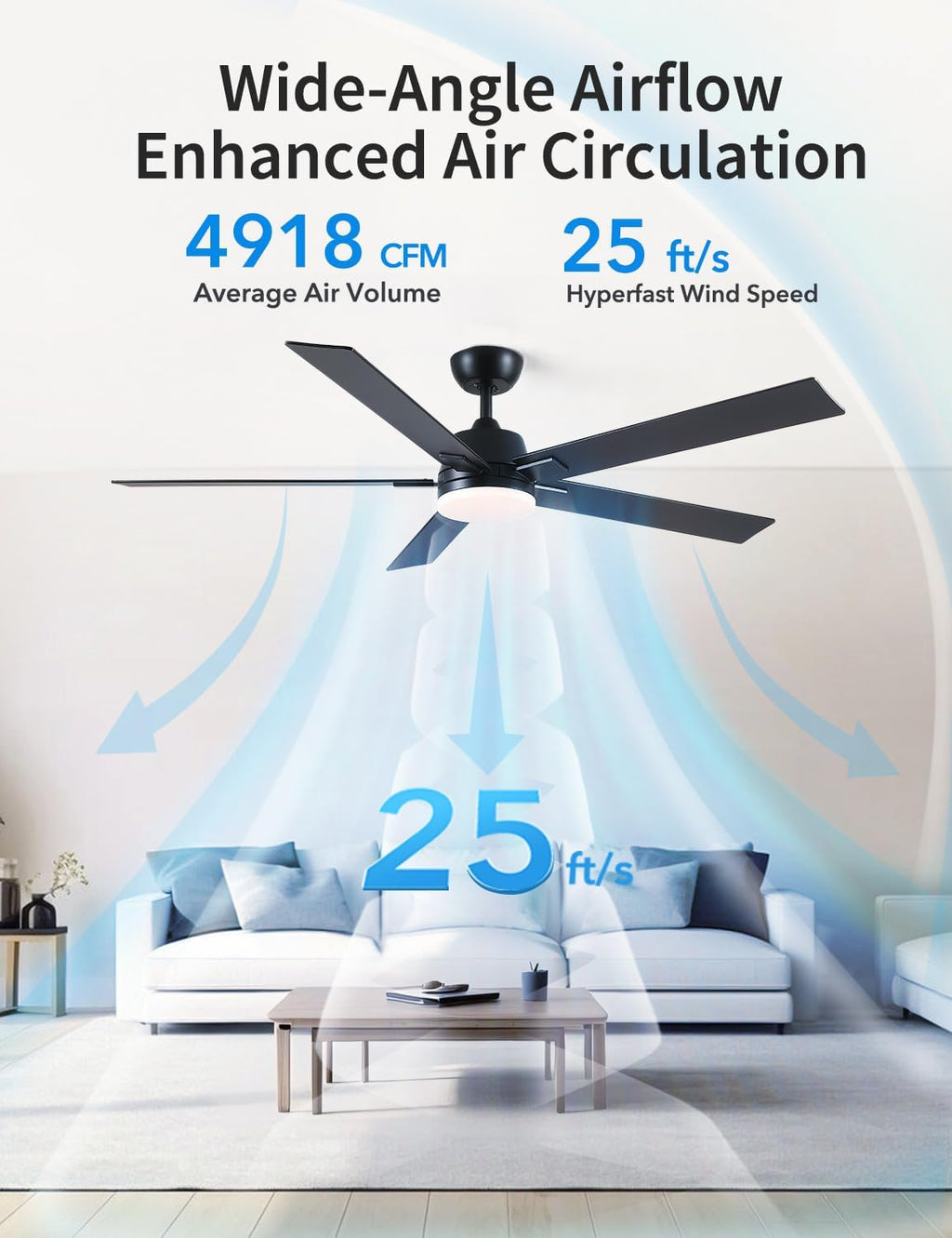 Rayqueen 60 Inch Black Ceiling Fans with Lights and Remote,Includes Downrod | 6 Speed Reversible DC motor,3-color temperature dimmable LED.For indoor/covered outdoor.Modern style for bedroom room