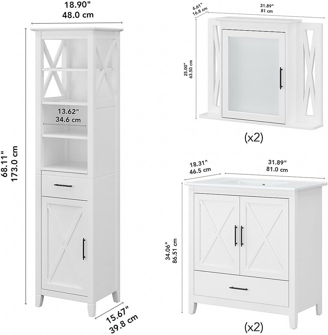 Bush Home Key West 64W Double Vanity Set with Sinks, Medicine Cabinets and Linen Tower in White Ash