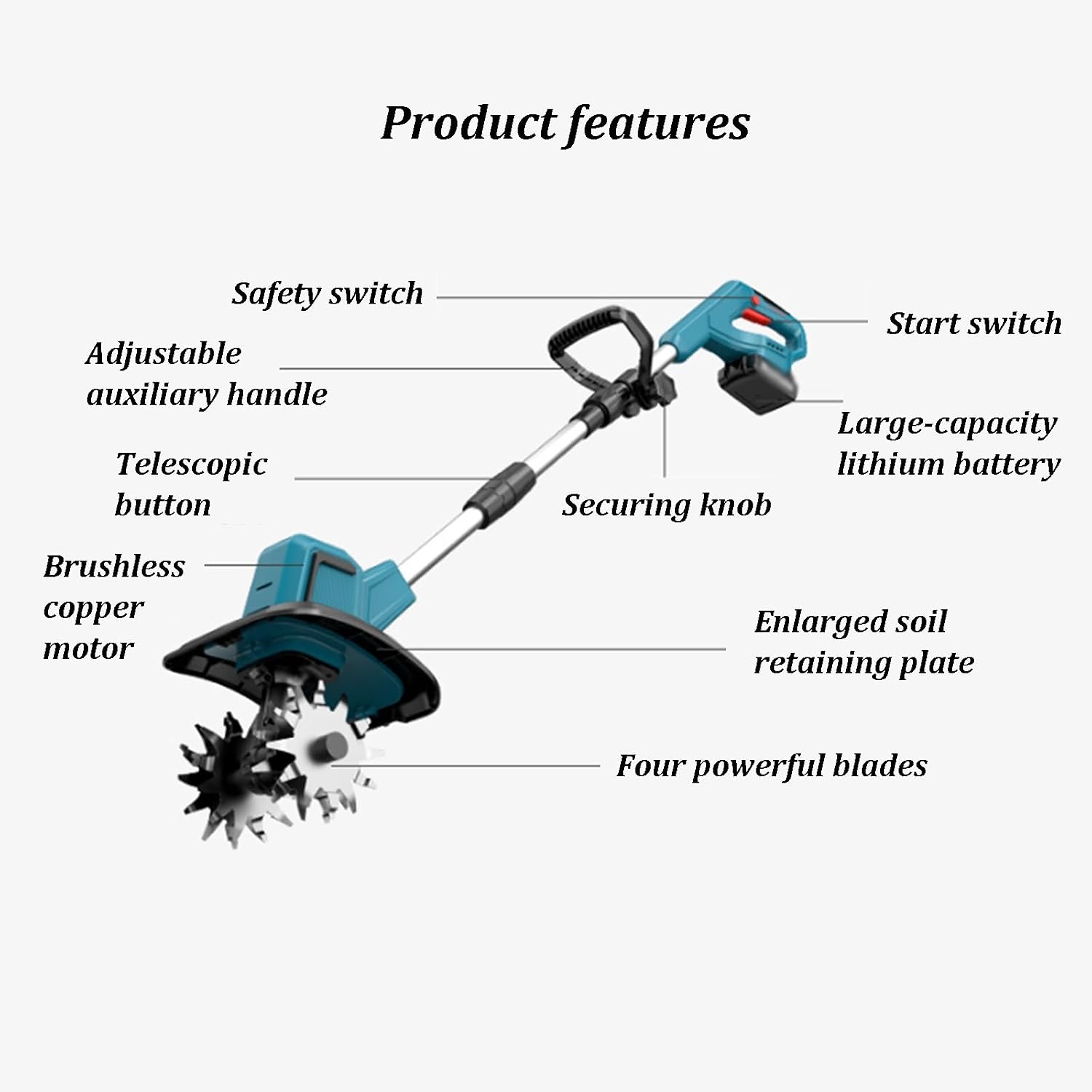 Electric Garden Rotavator, 270 RPM Electric Tiller/Cultivator, Adjustable Body Length, Built-in Noise Reduction Device, Portable Rototiller for Lawn Soil Cultivation(4000 mAh Battery)