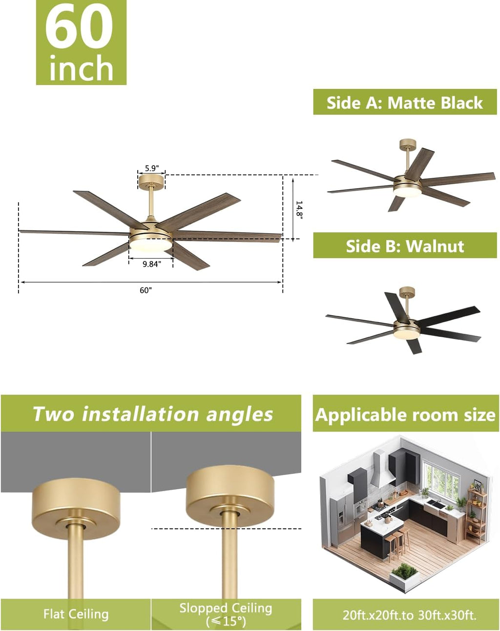 60 Inch Gold Ceiling Fan with Lights and Remote/APP, Modern Black Gold Ceiling Fan 5 Blade Fandelier for Living Room Shop, 3CCT, 6 Speeds, Timer, Quiet DC Motor Indoor Large Ceiling Fan