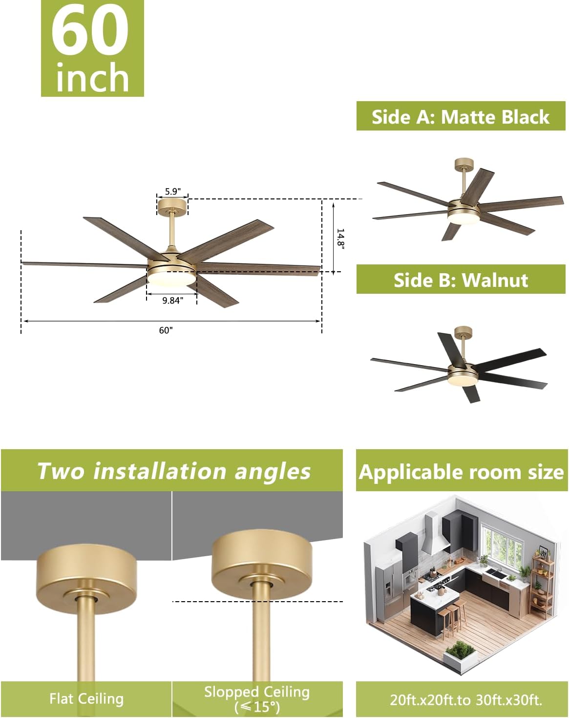 60 Inch Gold Ceiling Fan with Lights and Remote/APP, Modern Black Gold Ceiling Fan 5 Blade Fandelier for Living Room Shop, 3CCT, 6 Speeds, Timer, Quiet DC Motor Indoor Large Ceiling Fan