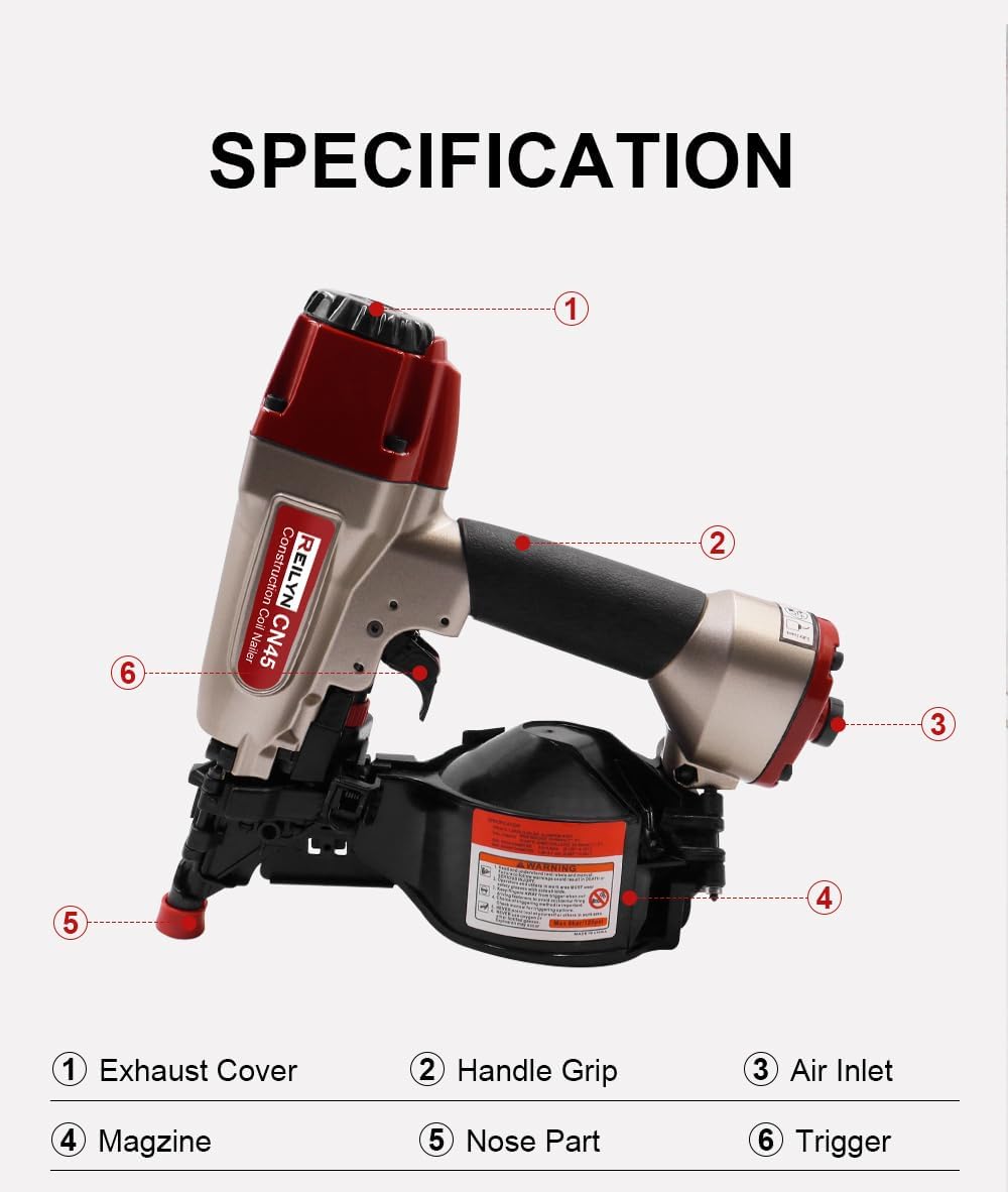 CN45 Pneumatic Framing Nail Gun,15 Degree 3/4' to 1-3/4' Coil Siding Nailer Pneumatic Roof Nail Gun for Siding Sheathing Wooding Fencing Decking