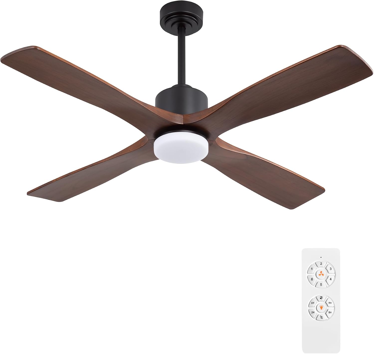 WINGBO 54 Inch DC Ceiling Fan with Lights and Remote Control, 4 Carved Solid Wood Blades, 6-Speed Noiseless Reversible DC Motor, Modern Ceiling Fan in Black Finish with Walnut Blades