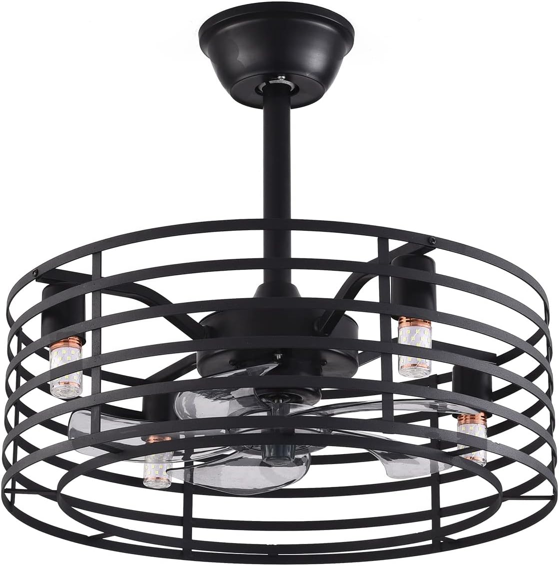 Industrial Ceiling Fan with Lights 20inch Enclosed Ceiling Fan Indoor w/Remote, Black Caged Retro Ceiling Fan Metal Bladeless Chandelier Fan Lighting for Living Dining Room Bedroom Kitchen