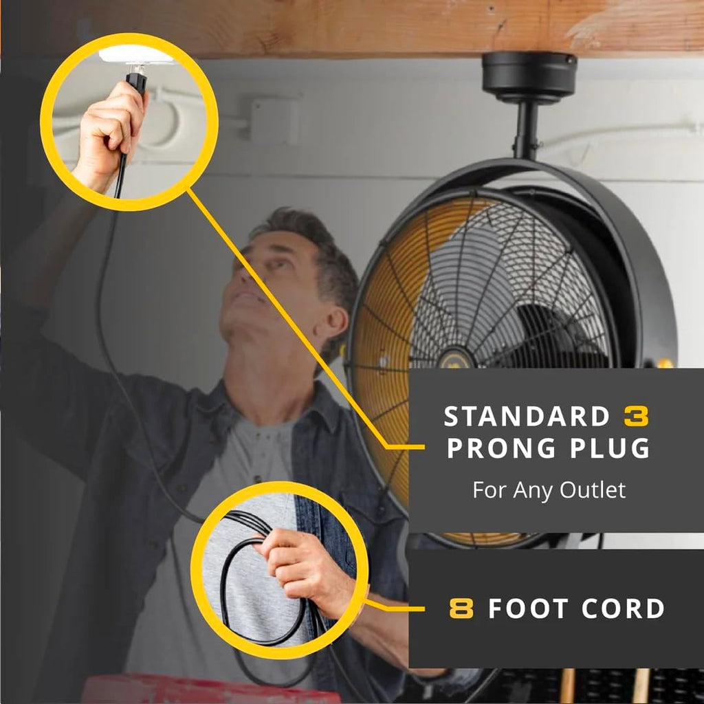 MULE GARAGE FAN, CEILING MOUNTED PLUG-IN CORD, 3 SPEED, POWERFUL 3000 CFM, INCLUDES 6-IN AND 12-IN DOWNRODS BLACK/YELLOW
