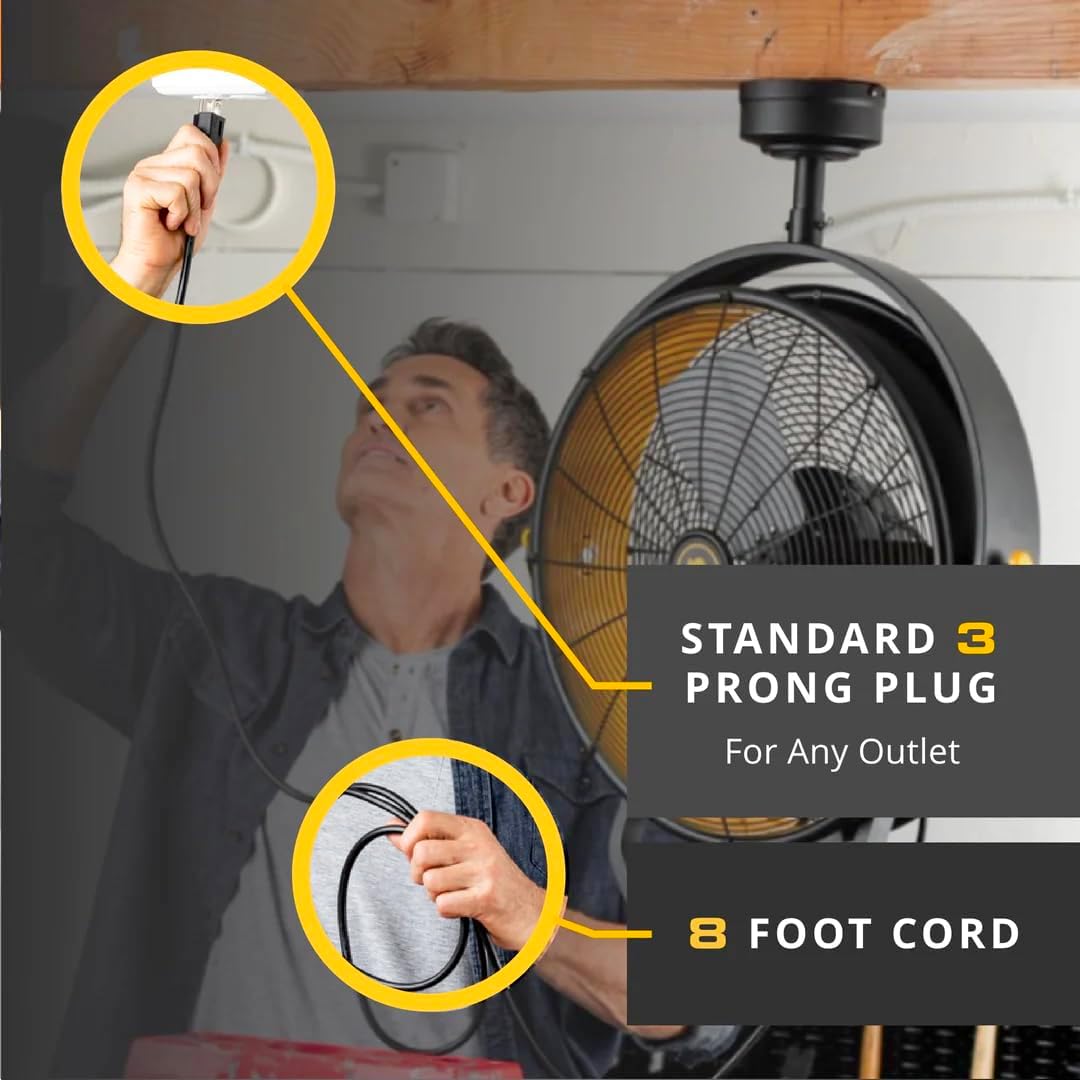 MULE GARAGE FAN, CEILING MOUNTED PLUG-IN CORD, 3 SPEED, POWERFUL 3000 CFM, INCLUDES 6-IN AND 12-IN DOWNRODS BLACK/YELLOW