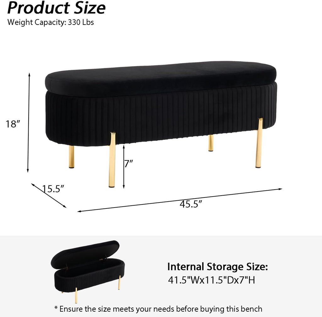 Velvet Storage Bench for Bedroom Upholstered End of Bed Bench Modern Ottoman with Gold Legs for Living Room/Window/Entryway (Black, Oval-45.5' W)