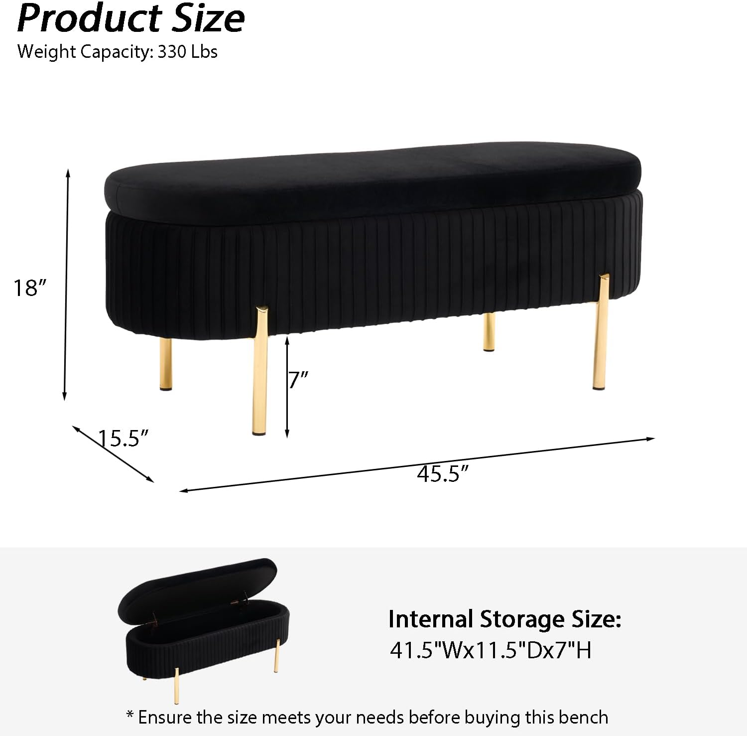 Velvet Storage Bench for Bedroom Upholstered End of Bed Bench Modern Ottoman with Gold Legs for Living Room/Window/Entryway (Black, Oval-45.5' W)