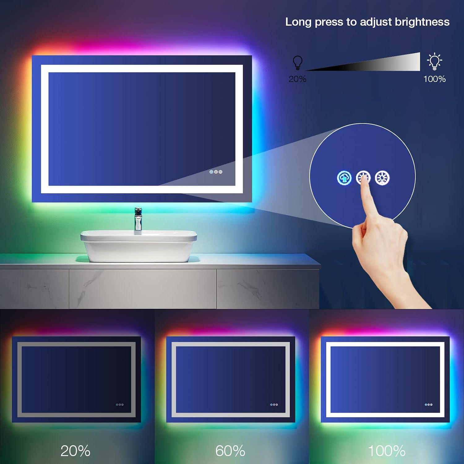 LOAAO 48'X32' LED Bathroom Mirror with Lights, Anti-Fog, Dimmable, RGB Backlit + Front Lighted, Bathroom Vanity Mirror for Wall, Memory Function