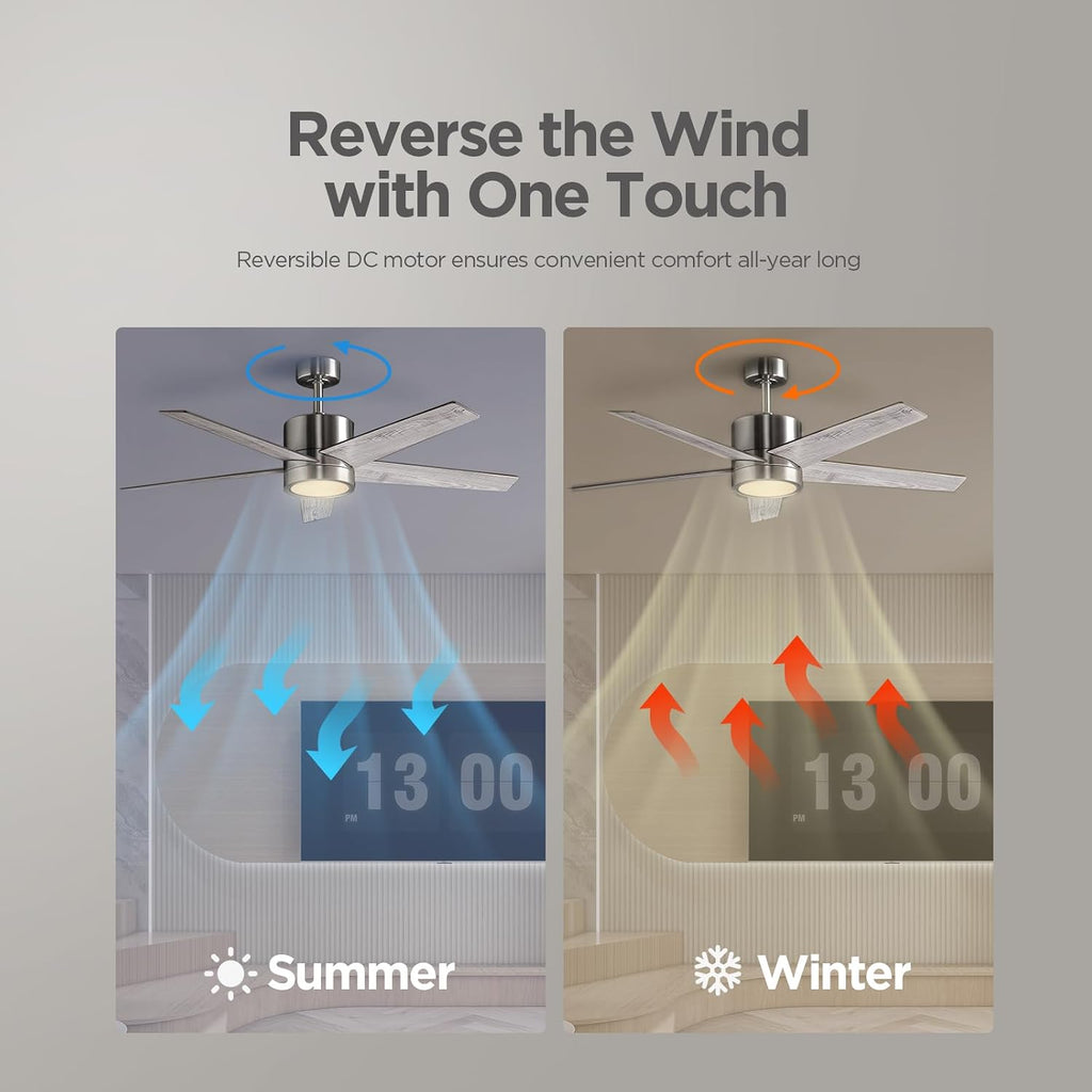 52 Inch Ceiling Fan Brushed Nickel Remote Controlled Dimmable Light Combo - Quiet Reversible DC Motor - 5 Blades