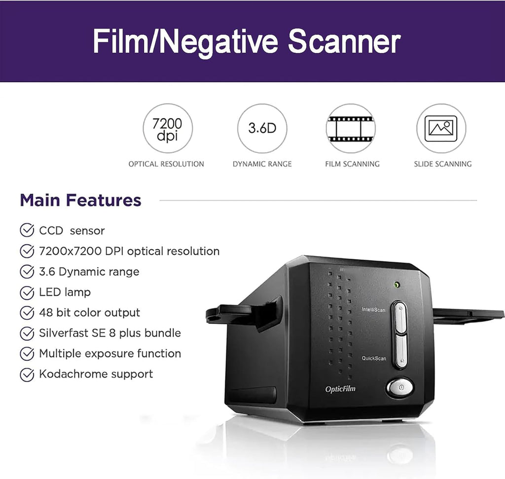 Digital Film Scanner, 35mm Film and Slide Digitizer, with 7200dpi Resolution and 3.6D Dynamic Density, Dust/Scratch Repair and Software Editing, for Office