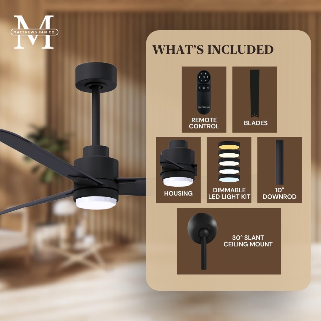 Matthews AKLK-BK-BK-72 Alessandra Wet Rated 72' Outdoor Ceiling Fan with Light and Remote, Silent DC Motor, 3 ABS Blades, Matte Black