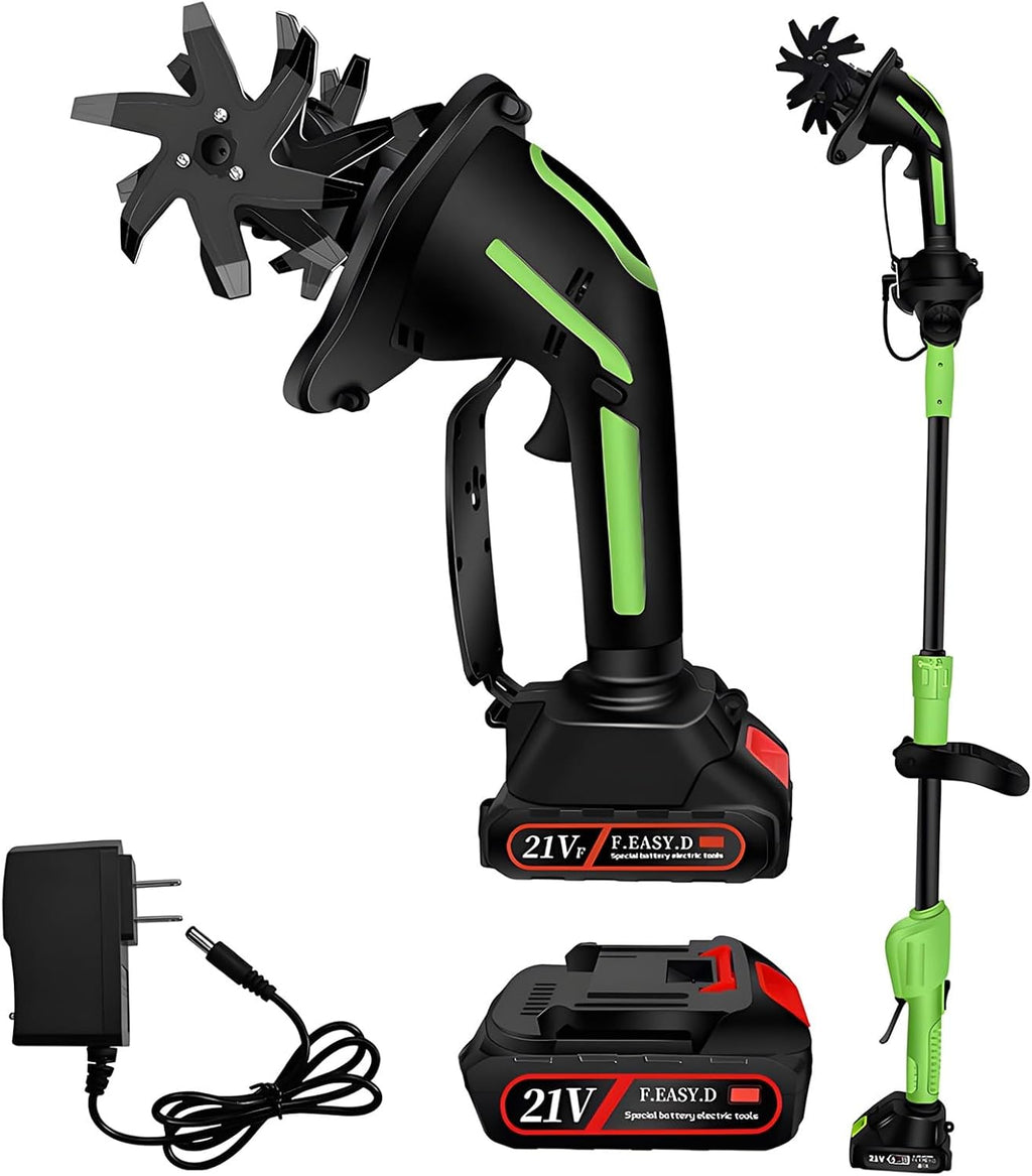 24V Cordless Tiller Cultivator, 235 RPM Electric Garden Tiller, Handheld & Extended Rod Dual Modes, with 2 * 1.5Ah Batteries & Charger, 10cm Tilling Width & Depth Tiller for Lawn Garden