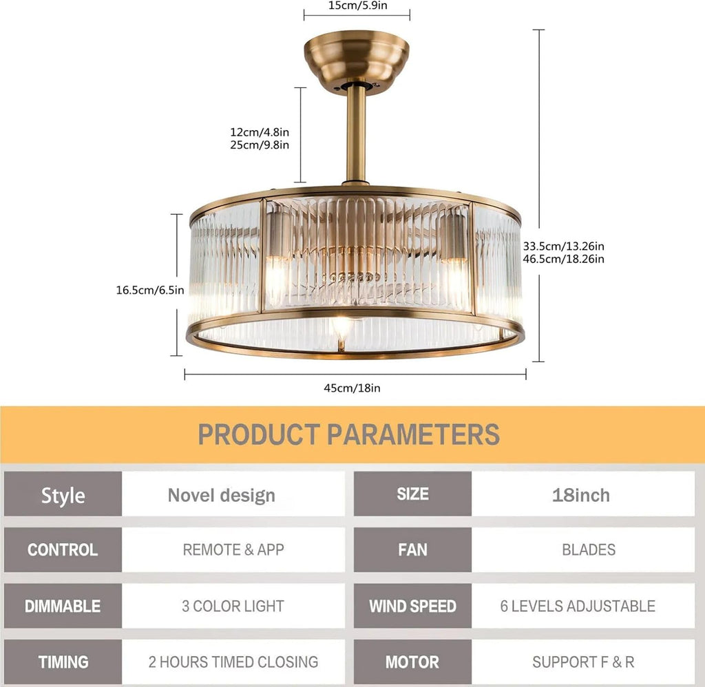 Ceiling Fan Light 18' Retro Caged Chandelier Kitchen Island Pendant Lamp With Remote 6Speeds Adjustable Speed Low Noise & Timing Function Stylish Exterior For Bedroom Study Living Room (40W Gold)