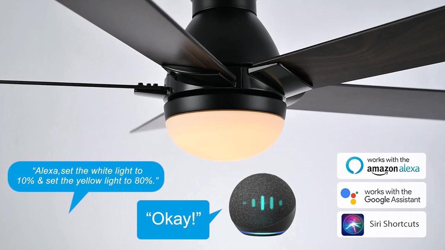 CEME Smart Ceiling Fans with Lights Flush Mount 52', 3 Light Colors Dimmable, 10 Speeds DC Ceiling Fan with Remote, Outdoor Ceiling Fan Compatible with Alexa, Siri & Google Home, Black & Dark Walnut