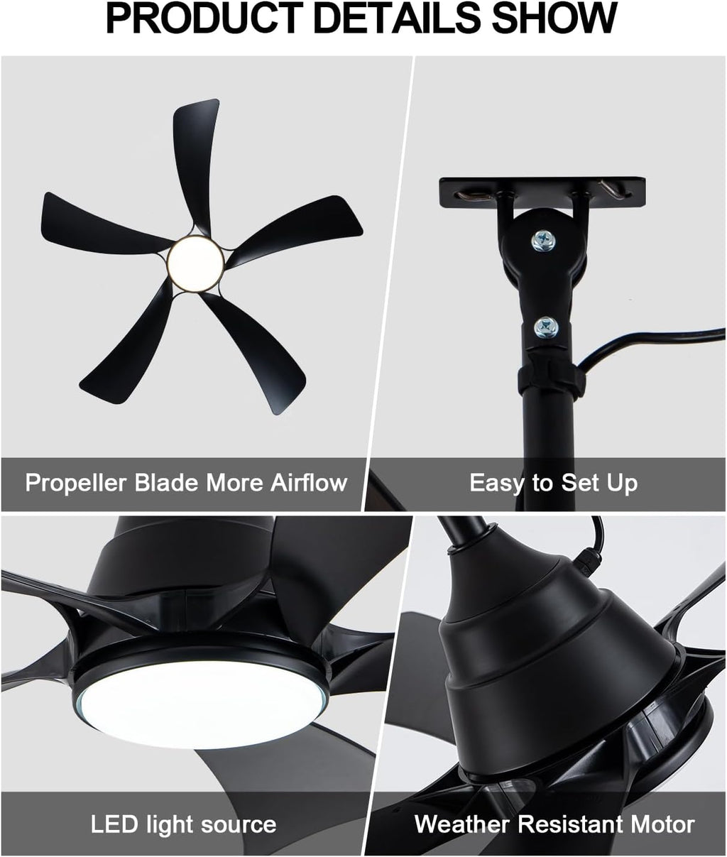 42' Outdoor Waterproof Ceiling Fan with 3 Color LED Light,App/Remote Control,Quiet DC Motor,Plug-in Cord Hook Installation,IP65 Gazebo Ceiling Fan with Light for Patios,Pergola,Canopy