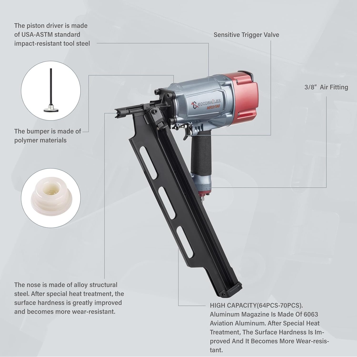 NR2190 21 Degree Plastic Strip Framing Nailer Nail Gun Aluminum Magazine The Same Function As NR83A2 Can Use 2'-3-1/2' Length Nails