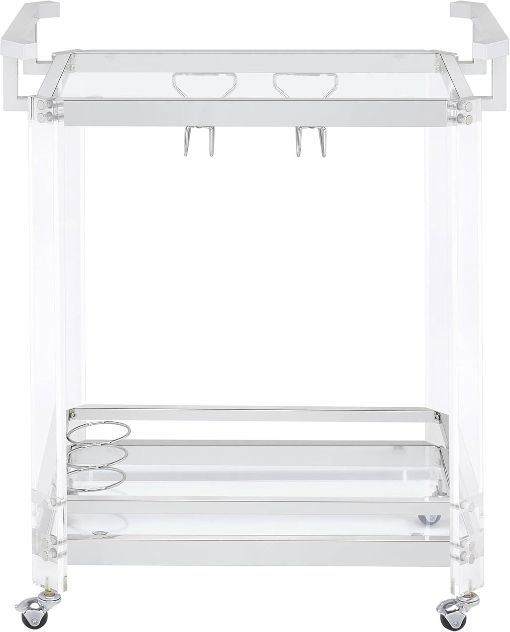 Coaster Home Furnishings - Jefferson - 2-Tier Acrylic & Metal Bar Cart with Wheels - Glass Shelf, Stemware Rack, Wine Bottle Holders - Contemporary - Dining Room - Clear & Chrome - 902589