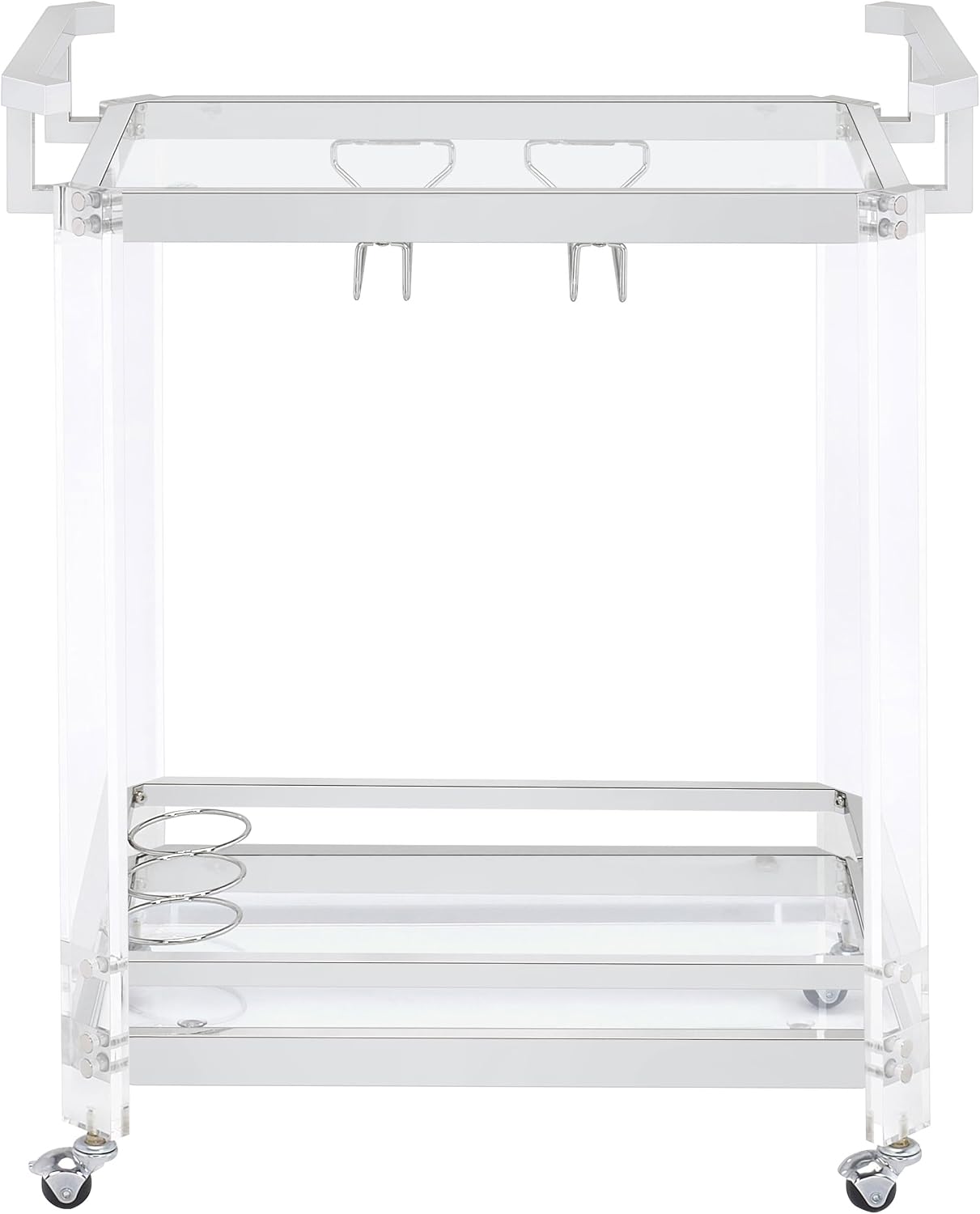 Coaster Home Furnishings - Jefferson - 2-Tier Acrylic & Metal Bar Cart with Wheels - Glass Shelf, Stemware Rack, Wine Bottle Holders - Contemporary - Dining Room - Clear & Chrome - 902589