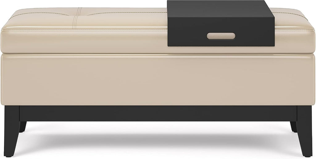 SIMPLIHOME Oregon Storage Ottoman Bench with Tray - 42 inch Wide Upholstered Vegan Leather Rectangle Storage Ottoman Bench in Satin Cream, Transitional Tufted Ottoman for Living Room with Lift-Up Lid