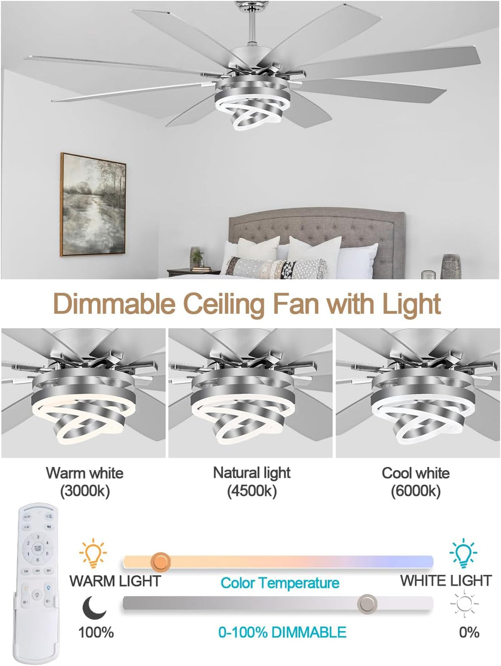 72 Inch Fandelier Ceiling Fan with Lights and Remote Large Modern Ceiling Fan Silver Chandelier Dimmable LED Light, Reversible Quiet DC Motor 3CCT 6 Speed for Living Room Indoor Outdoor