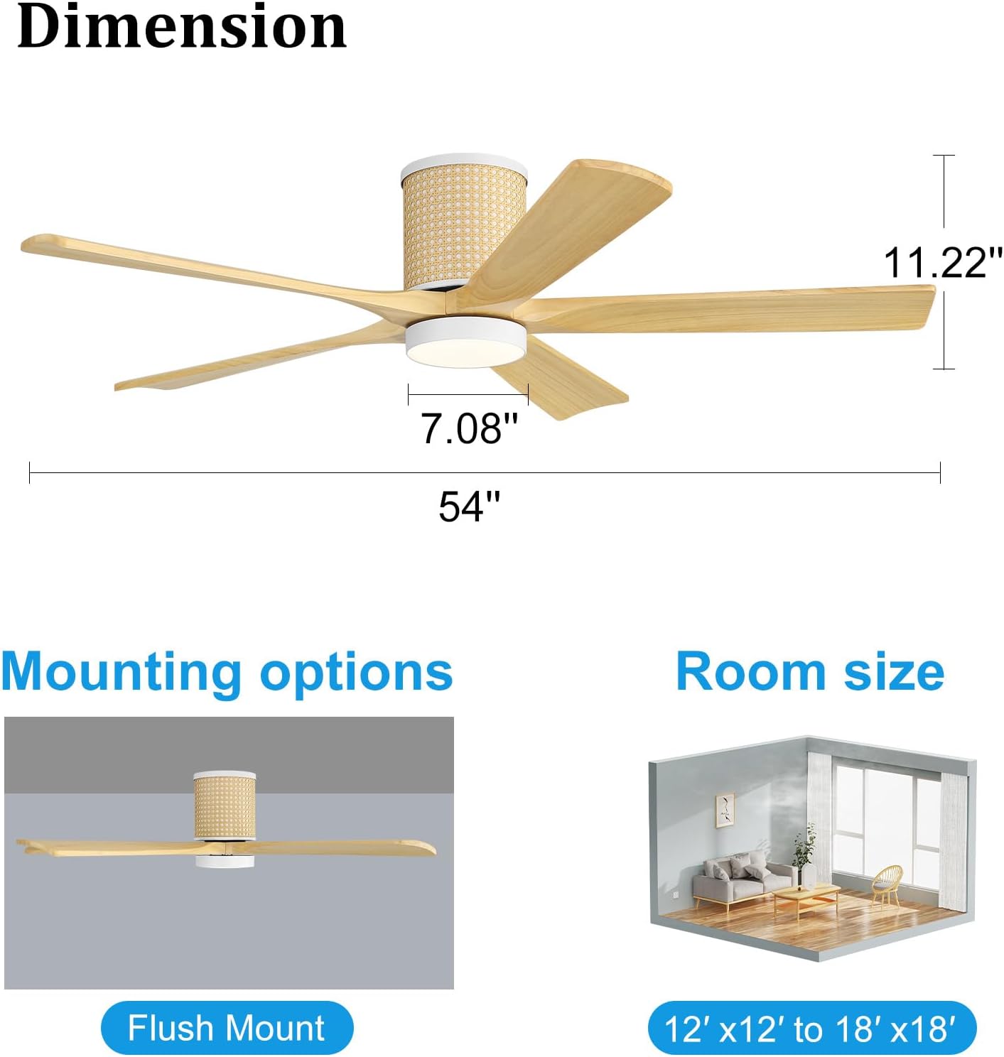 WINGBO Ceiling Fan with Lights - 54 inch Solid Wood Flush Mount Ceiling Fan with Remote,3CCT, Dimmable LED,5 Blades, 6-Speed Noiseless Powerful DC Motor, ETL Listed (White+Light Wood)