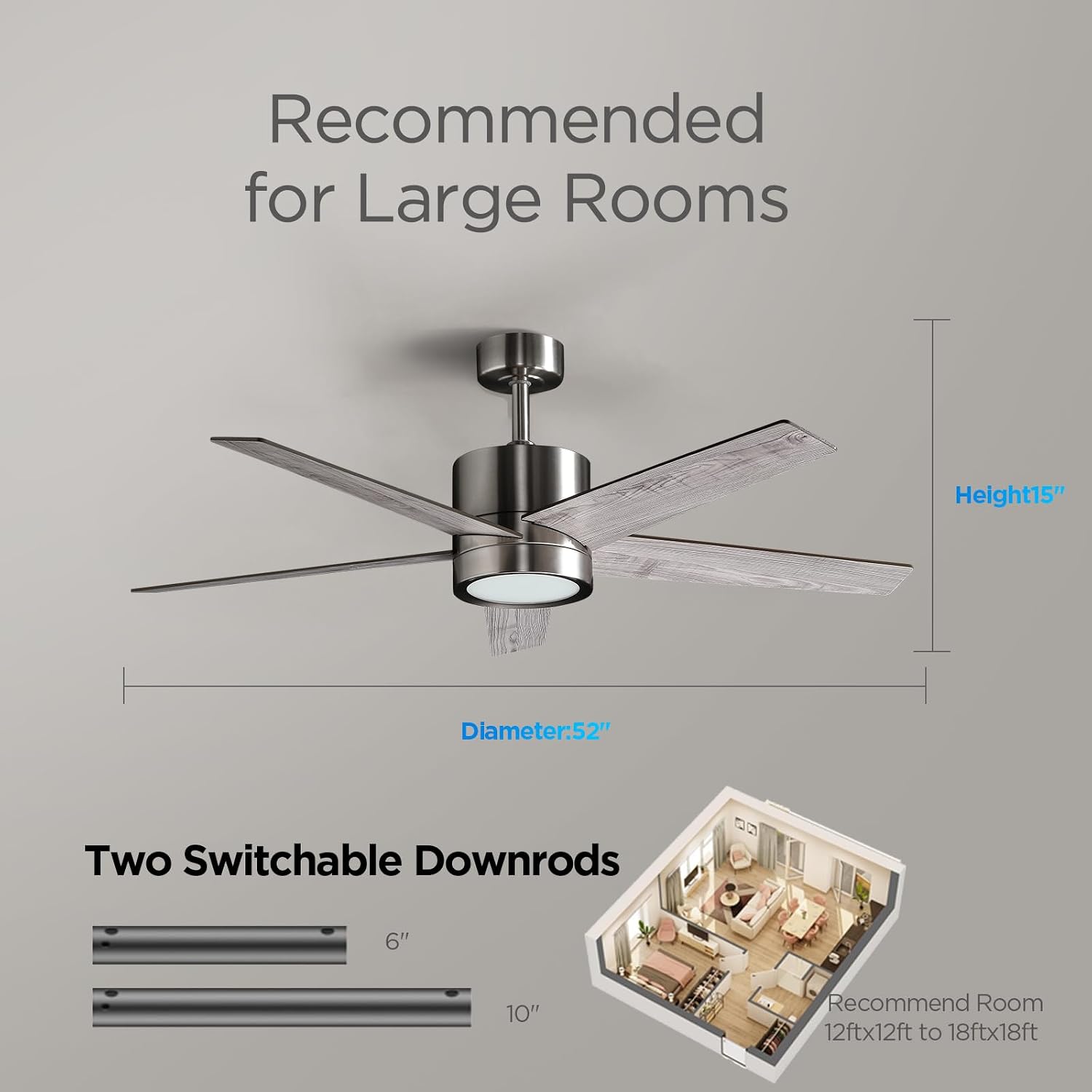 52 Inch Ceiling Fan Brushed Nickel Remote Controlled Dimmable Light Combo - Quiet Reversible DC Motor - 5 Blades
