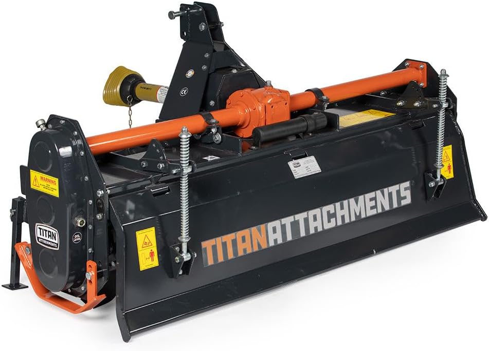 Titan Attachments 3 Point 60' Rotary Tiller Attachment Fits Cat 1 Tractors, Charcoal Finish, Single Speed PTO Driven Cultivator with a 540 RPM Gearbox, Replaceable L-Shaped Tines Work 5' Deep