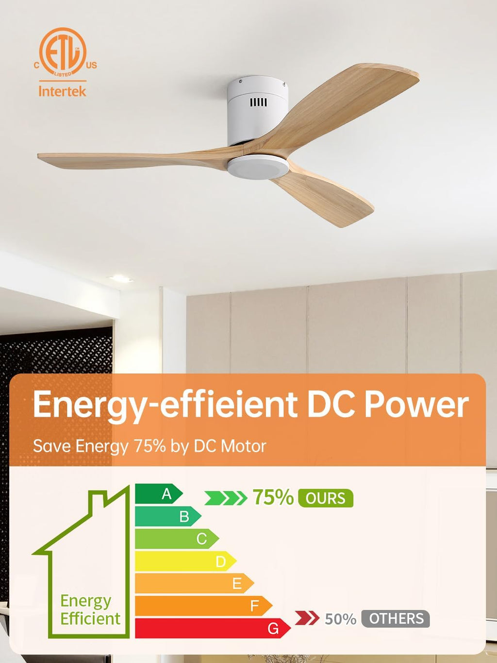Sofucor Ceiling Fan without Lights, 52 Inch Low Profile Flush Mount Mordern Wood Ceiling Fan with Remote for Indoor Farmhouse Bedroom Living Room Outdoor Patio Porch, Reversible DC Motor, Noiseless