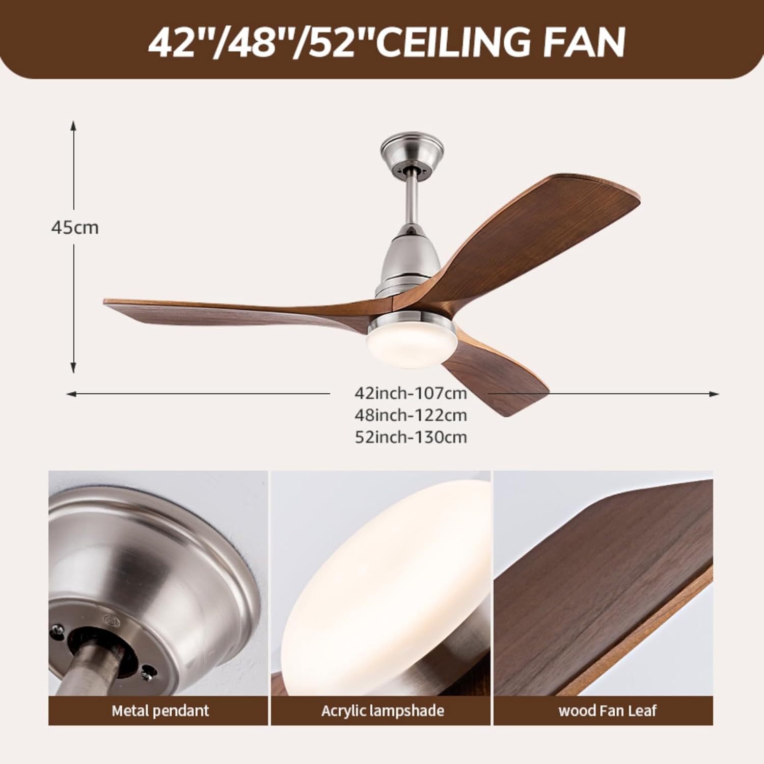 Solid Wood Ceiling Fan with Lights Modern Indoor Outdoor Ceiling Fan with Remote Control 6 Speed Quiet Reversible DC Motor 3 Color LED Light 3 Blade Walnut Ceiling Fan for Patio Living Room (42inch)