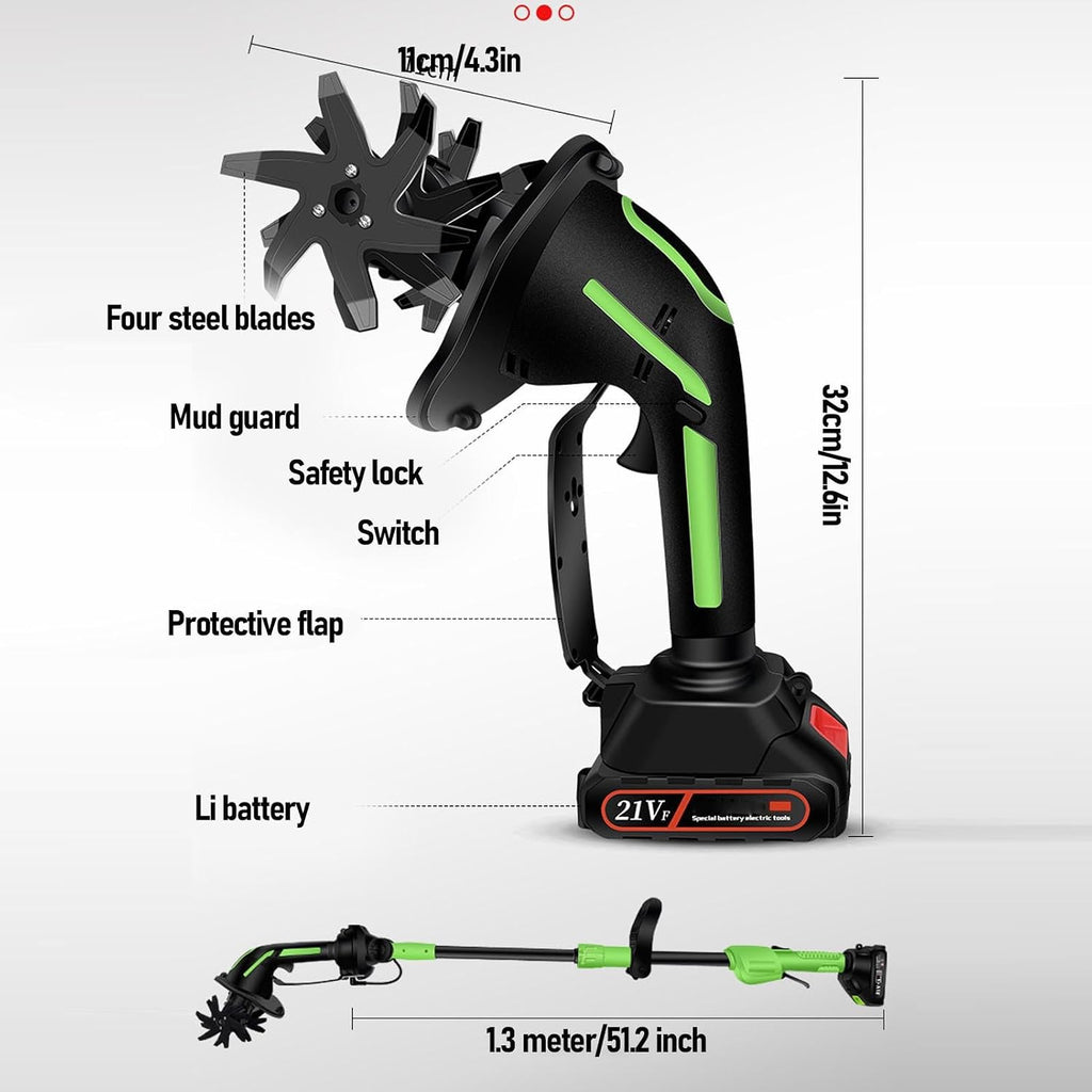 Luocute Cordless Tiller Cultivator, Rechargeable Electric Garden Tiller with 2 x 1500mAh Batteries, 235RPM Speed 3.9In Tilling Width and Depth for Lawn Gardening Soil Cultivation (US Plug)