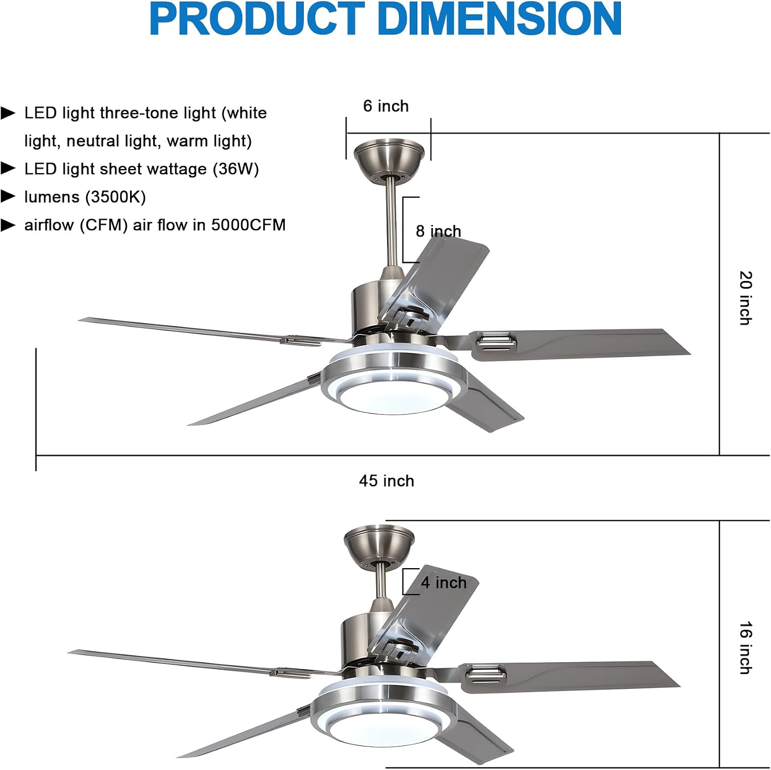 Modern Ceiling Fans with Lights Remote, 42'' Outdoor Ceiling Fan with Dimmable 3 Light Colors 3 Speed Reversible DC Motor, 5 Stainless Steel Blades Fandelier for Patio Porch Living Room