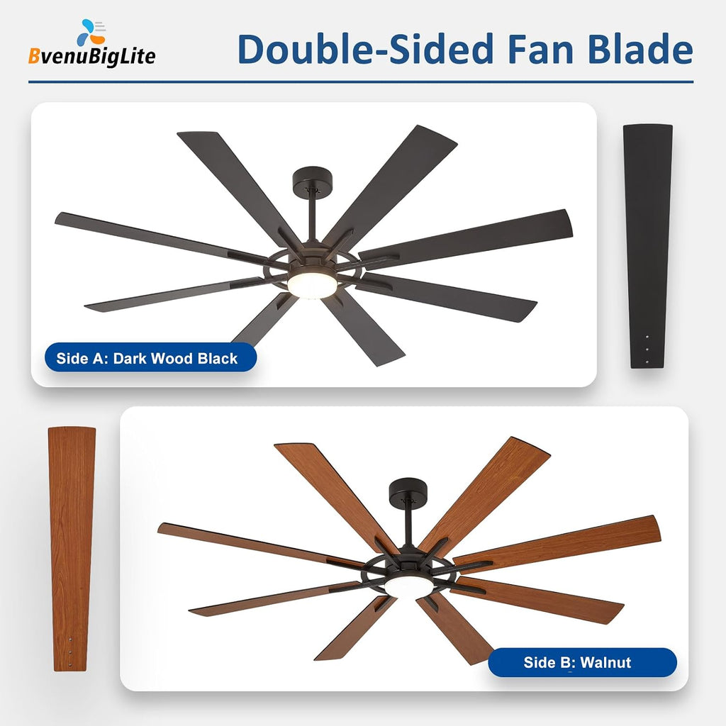 Large Ceiling Fans with Lights: Modern 72 Inch 8 Blade Outdoor Ceiling Fan with Remote APP Control - Dimmable Black Big Fan Light Indoor Reversible 6 Speed Quiet DC Motor