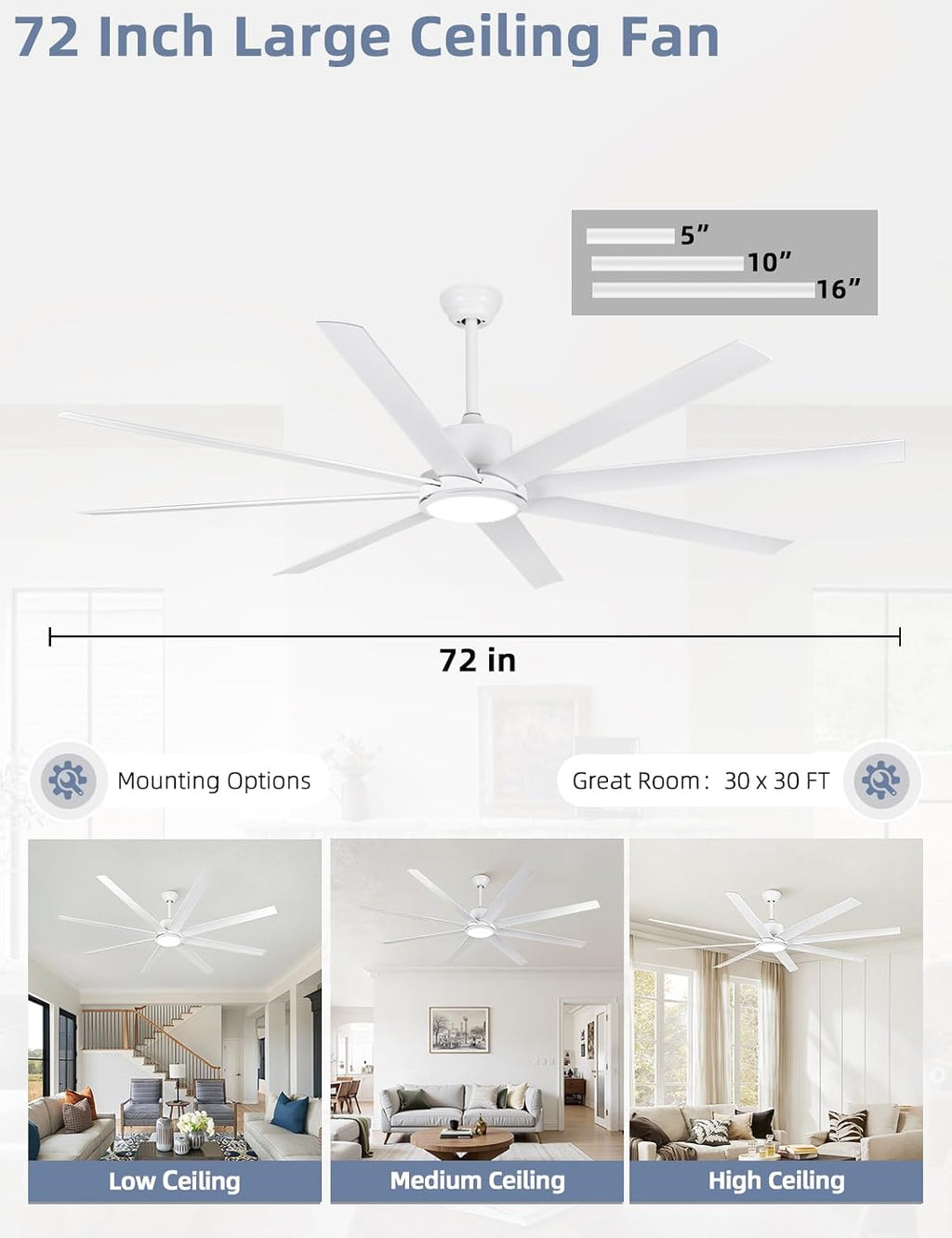72 Inch Large Ceiling Fans with Lights and Remote Control, 6 Wind Speeds, LED Dimmable DC Reversible indoor/outdoor Ceiling Fans with 8 Blades for Living Rooms, Kitchen, Patio, White