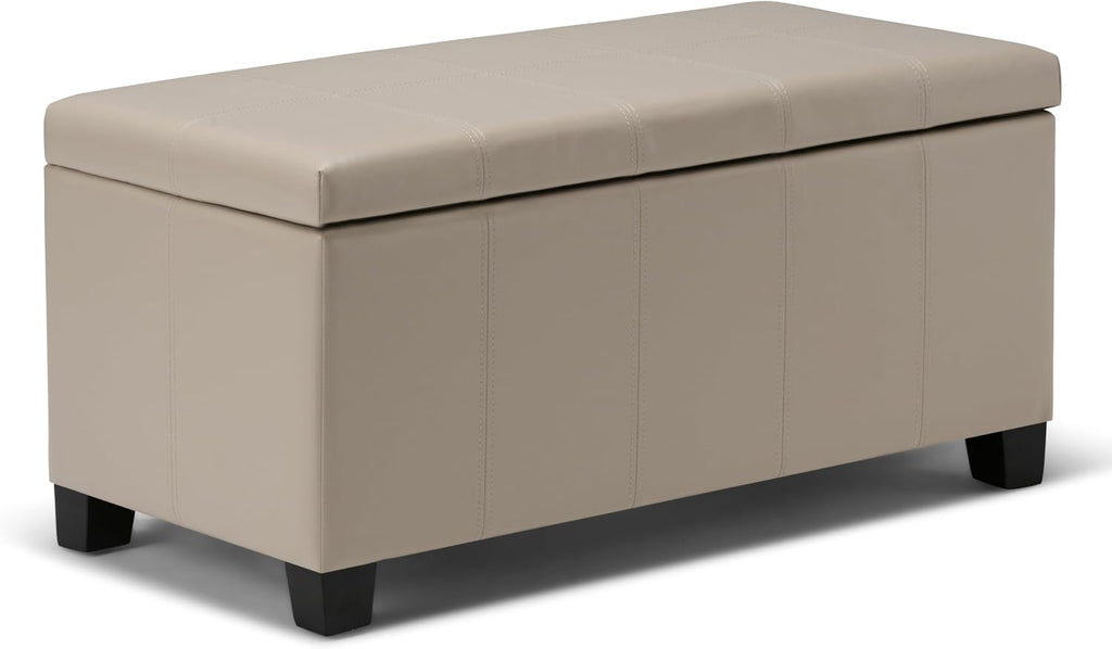 SIMPLIHOME Dover Storage Ottoman Bench - 36 inch Wide Upholstered Vegan Leather Rectangular Lift-Top Ottoman in Satin Cream, Contemporary Bench for Living Room with Safety Hinges