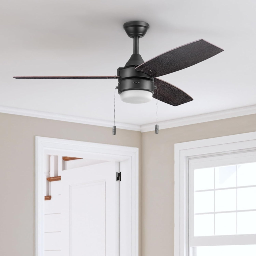 Honeywell Ceiling Fans Berryhill, 48 Inch Ceiling Fan with Color Changing LED Light, Pull Chain, Dual Mounting Options, 3 Dual Finish Blades, Reversible Airflow - 51858-01 (Matte Black)