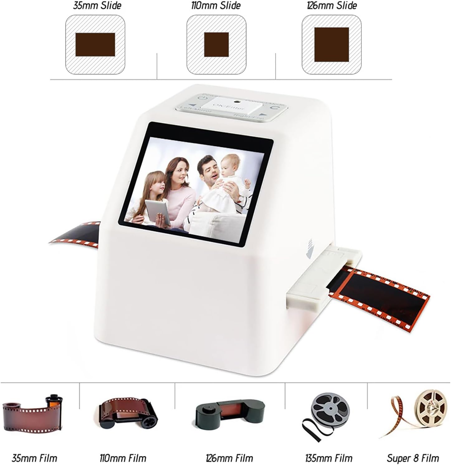 Slide Negative Scanner, Film Scanner Transfer Machine with 2.4' LCD Screen, Converts 135mm/126/110kpk/Super 8 Film Negatives Slides to 20 Megapixel JPEG Images, for Gift, Family Gathering