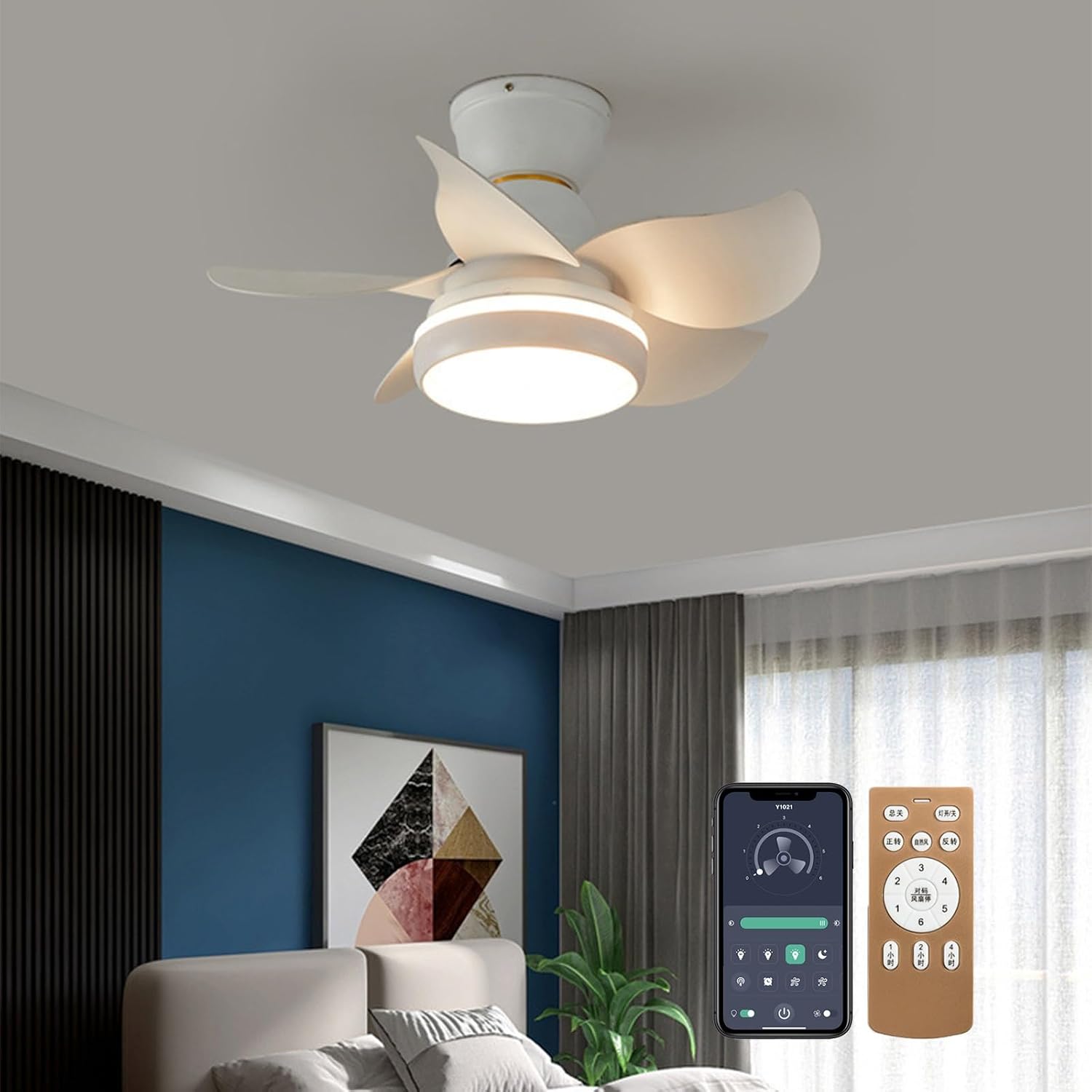 Ceiling Fans with Lights, Fans with Lights and Remote/APP Control, Modern Flush Mount Ceiling Fan, with 5 Reversible Blades 3 Colors Dimmable 6 Speeds Ceiling Fan for Bedroom/Kitchen/Dining Room/Patio