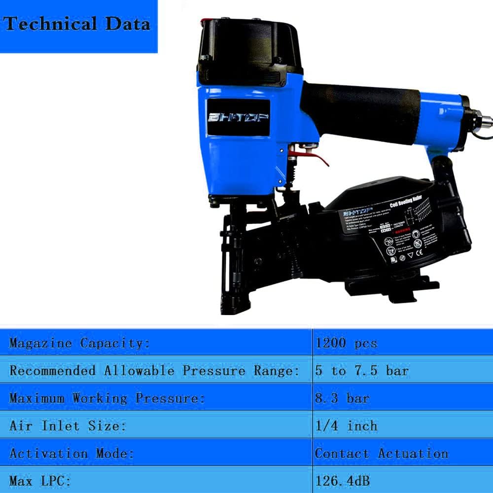 CN45N Roofing Nailer, 15 Degree Roofing Nail Gun, 3/4-Inch to 1-3/4-Inch Coil Nails, 120-pcs Load Capacity Coil Nailer in Blue