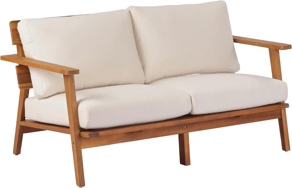 Christopher Knight Home Colmar 2 Pieces Conversation Set, Mid Century Patio Loveseat Sofa and Coffee Table, Outdoor Acacia Wood Loveseat and Table Set with Cushions in Slats Panels Design, Teak+ Beige