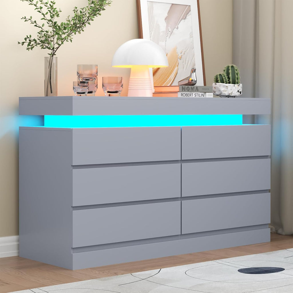 Gyfimoie 6 Drawer Dresser with Power Outlet, Dresser with LED Light, Modern Chest of Drawers for Closet, Double Wide Drawer Organizer Cabinet for Bedroom, Living Room (Grey, 6 Drawers)