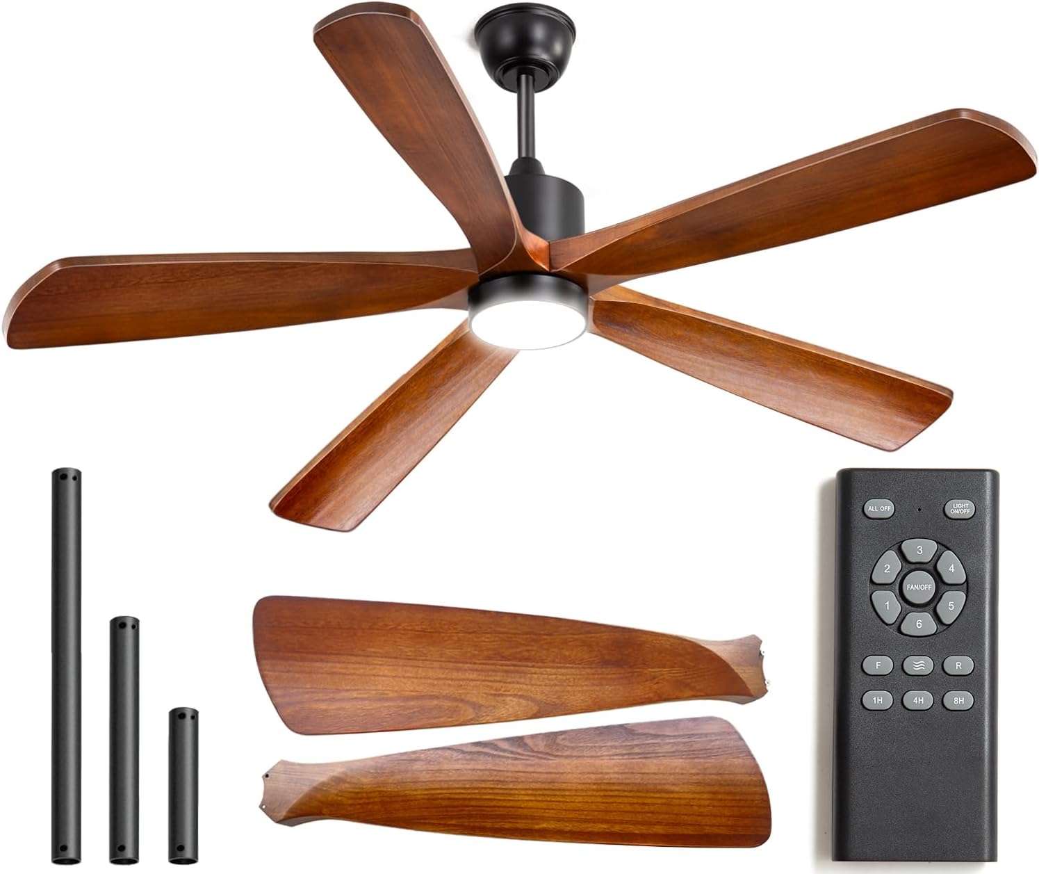 60 Inch Ceiling Fan with Light - 5 Walnut Wood Blades, UL Damp Rated for Indoor & Outdoor, 3 Color LED (3000K-6500K), DC Motor, 6-Speed Reversible Remote, Farmhouse Bedroom