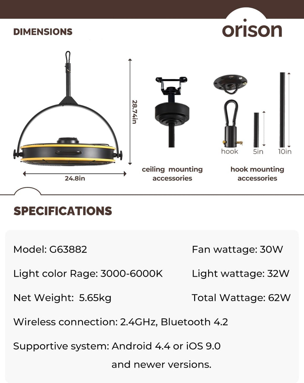 Orison 24.8'' Outdoor/Indoor Garage Ceiling Fan, 6 Speed Ceiling Mounted Plug-In Cord Garage Fan with Remote&APP, Manual Vertical Rotation, Hook hanging for Gazebo, Patio, Yellow
